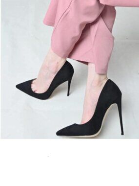 FSJ Black Suede Sexy Pointed Toe Pump High Heels Party Prom Daily Classic Shoes